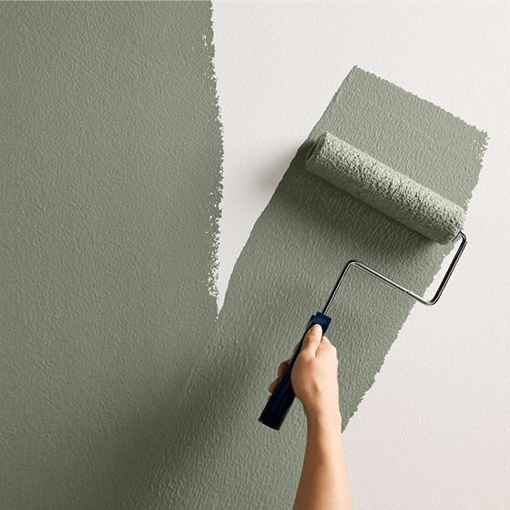 Six-image carousel of living room, child’s room, entryway, backyard and kitchen, all incorporating Renew Blue.