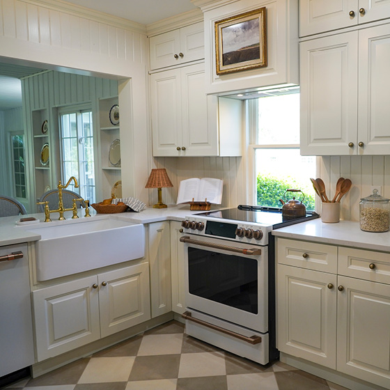 Six-image carousel of living room, child’s room, entryway, backyard and kitchen, all incorporating Renew Blue.